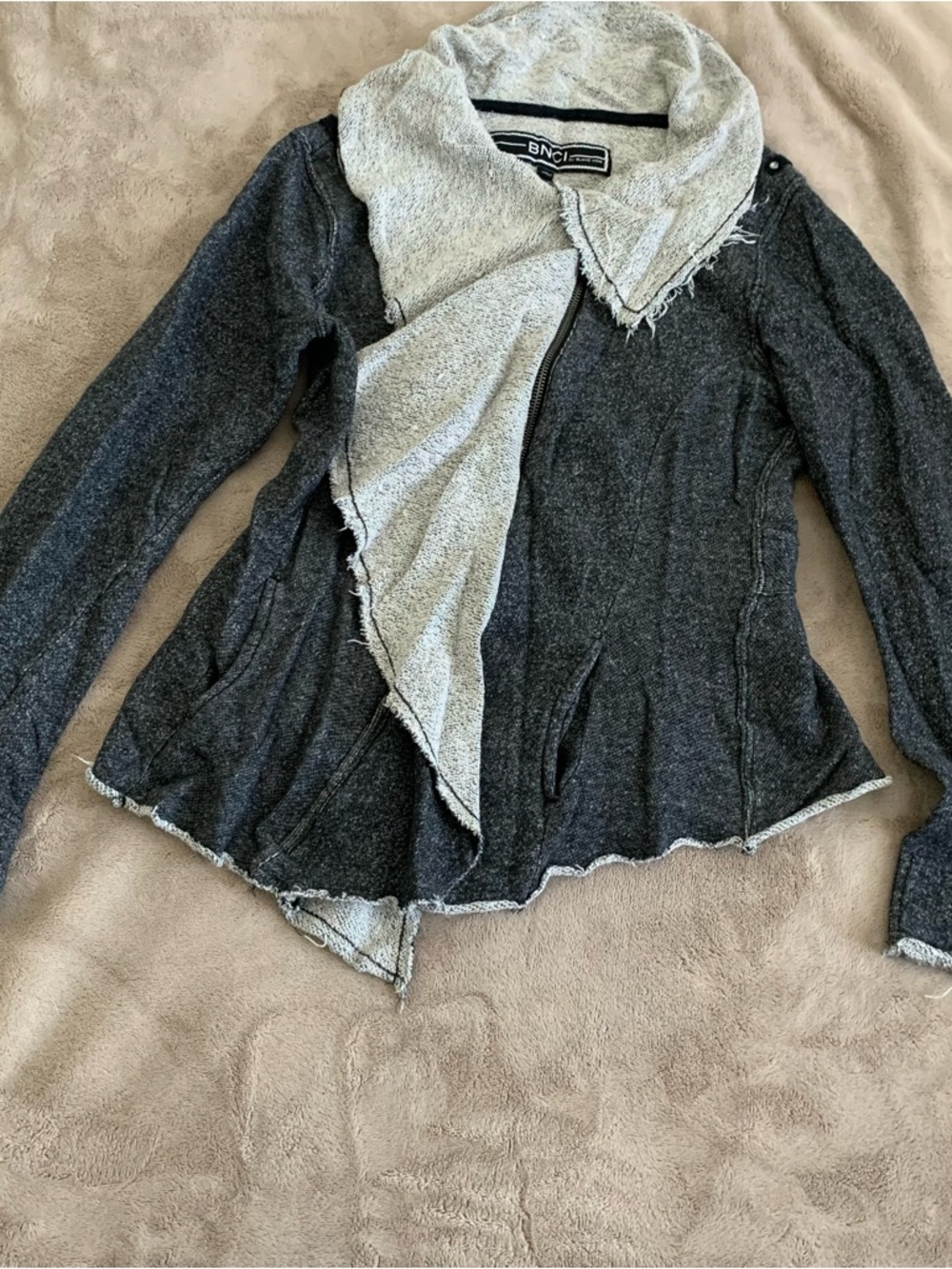 blanc noir Two-Tone Charcoal and Light Gray Draped Open Front Cardigan
